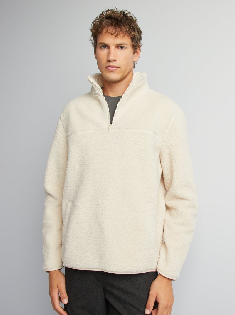 Sweat effet moutonné à col zippé Blanc - Kiabi
