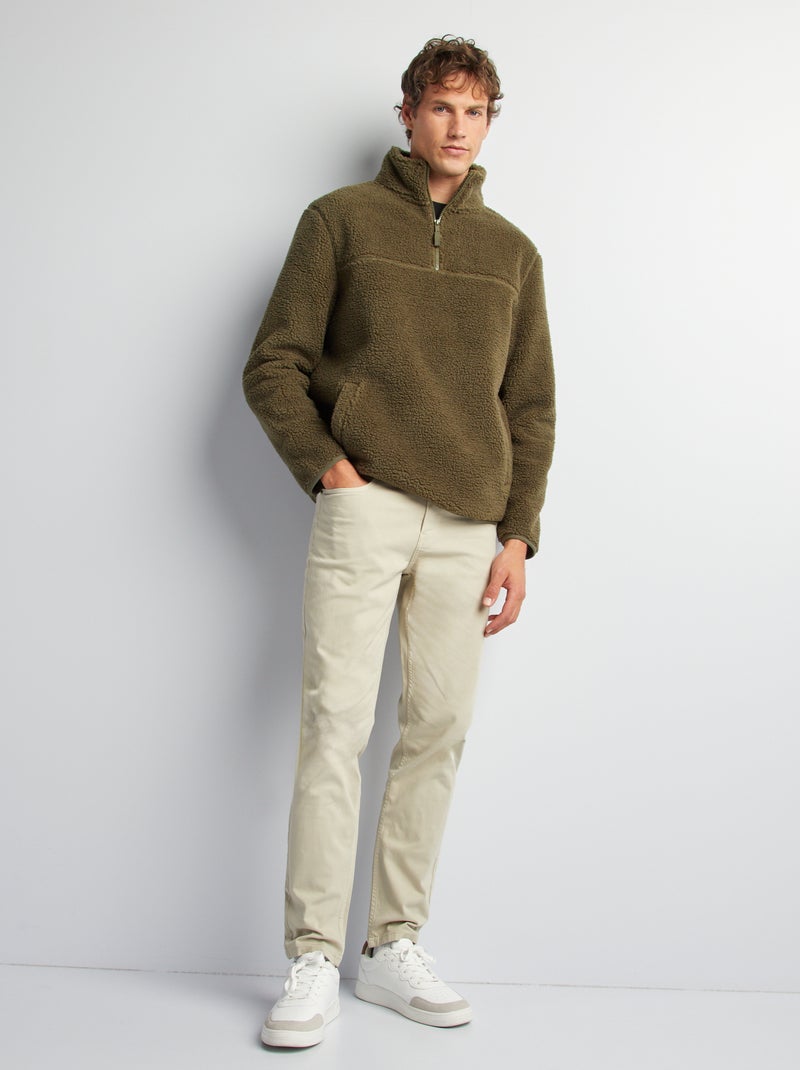 Sweat effet moutonné à col zippé Kaki - Kiabi