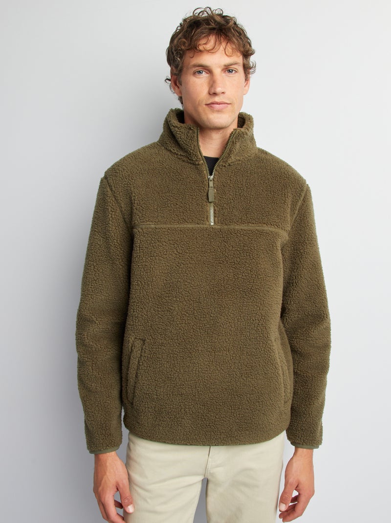 Sweat effet moutonné à col zippé Kaki - Kiabi