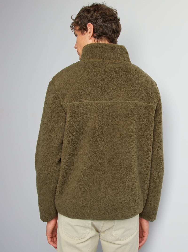 Sweat effet moutonné à col zippé Kaki - Kiabi