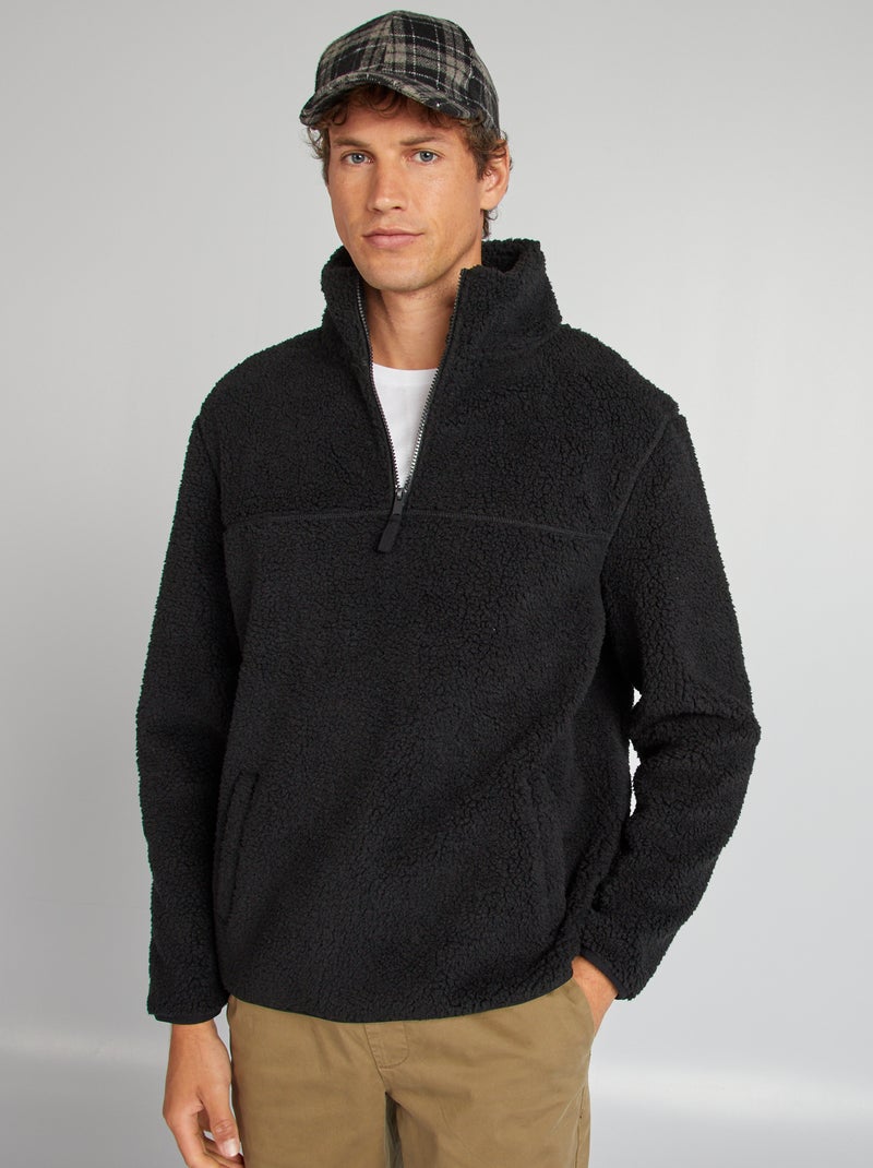 Sweat effet moutonné à col zippé noir - Kiabi