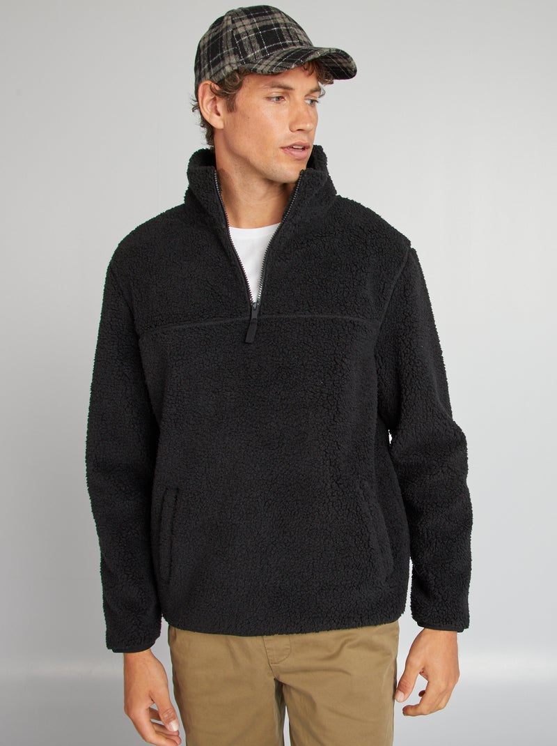 Sweat effet moutonné à col zippé noir - Kiabi