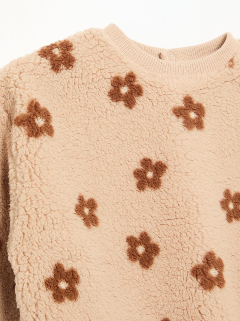 Sweat effet moutonné avec broderies Beige - Kiabi