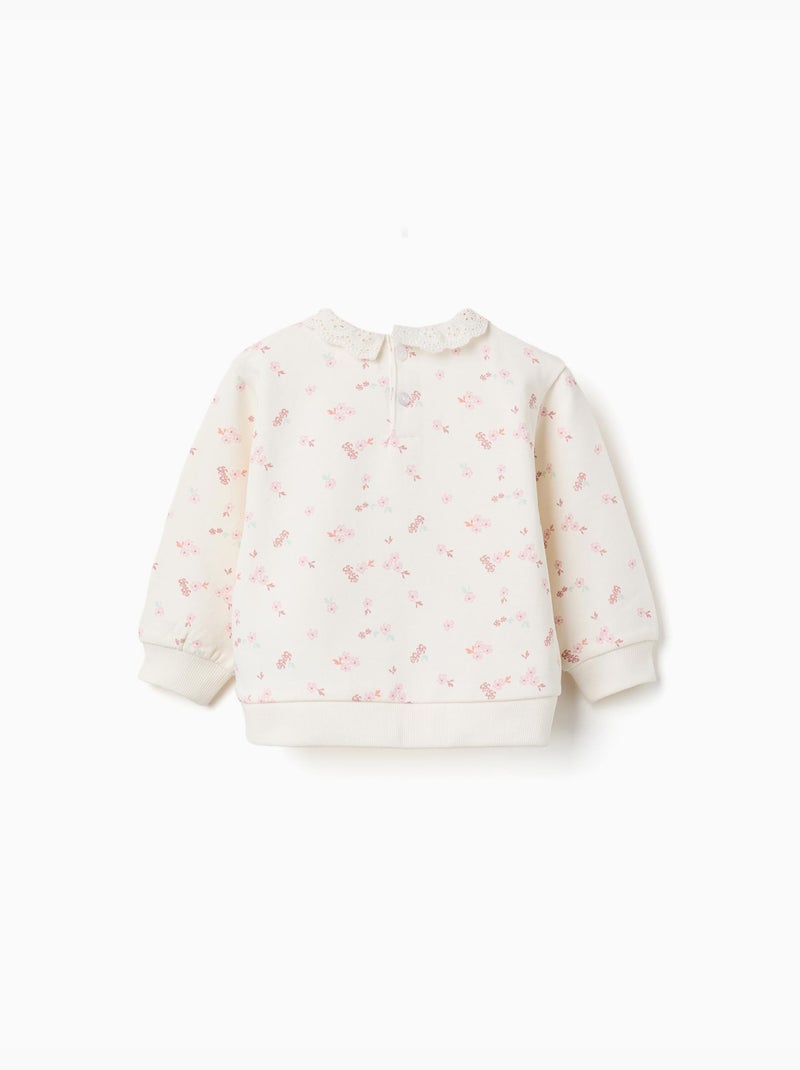 Sweat en coton à fleurs et broderie anglaise Blanc - Kiabi