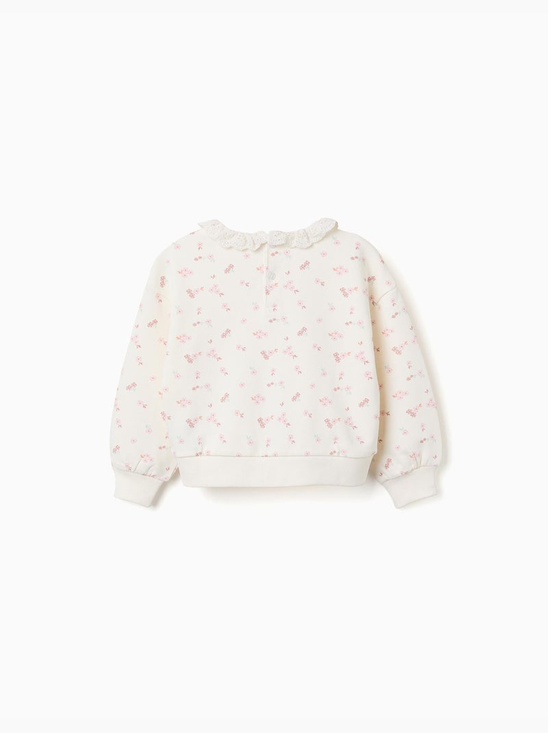 Sweat en coton à motif floral et col à volants Blanc - Kiabi