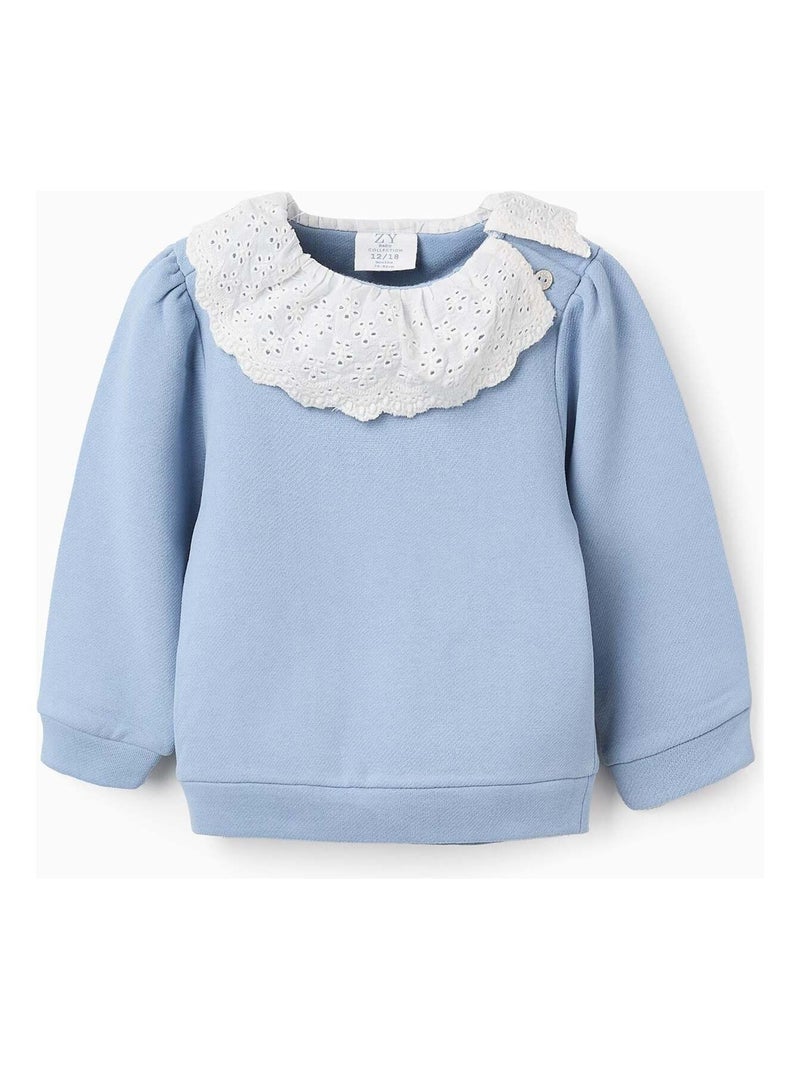 Sweat en Coton avec Col en Broderie Anglaise Bleu clair - Kiabi