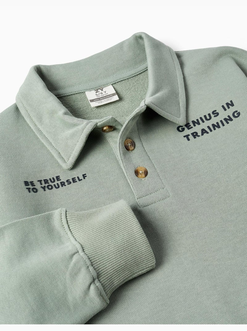 Sweat en coton avec col polo et imprimé Vert - Kiabi