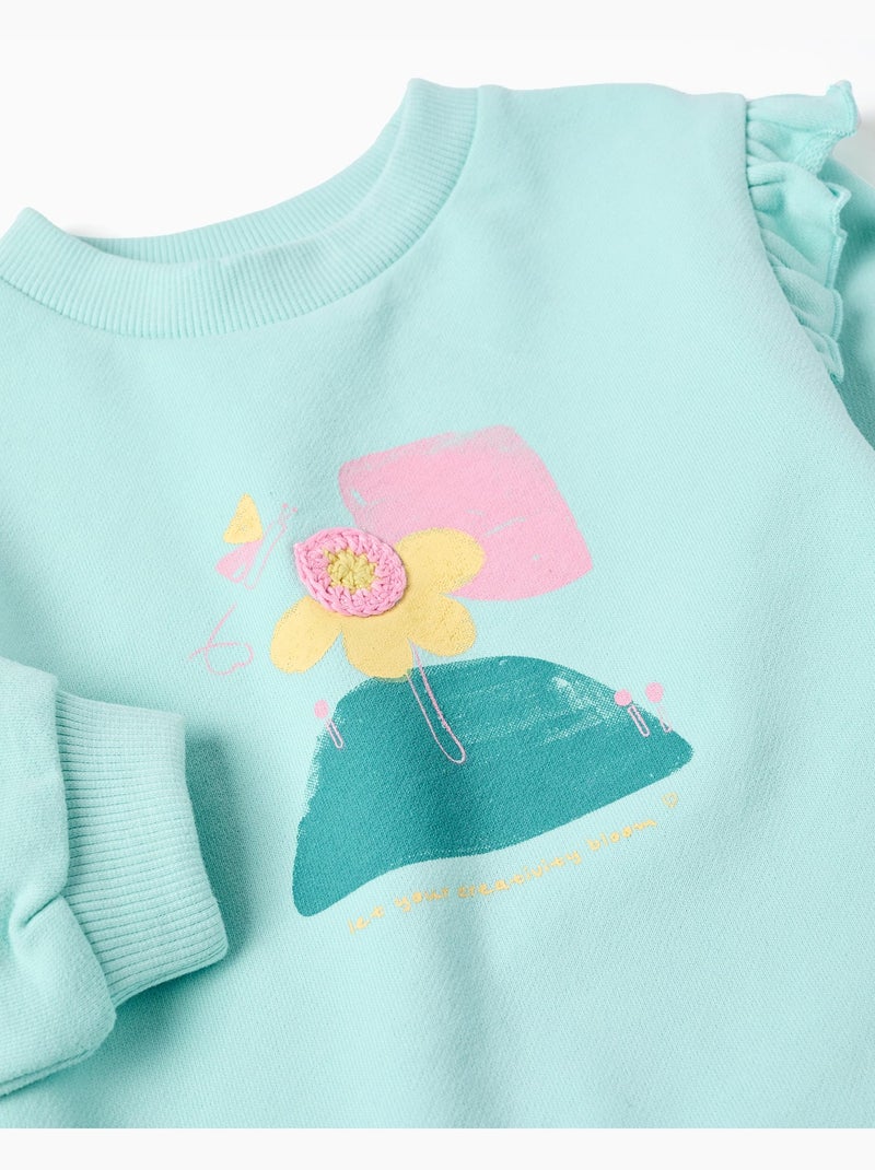 Sweat en coton avec imprimé floral et volants Bleu clair - Kiabi