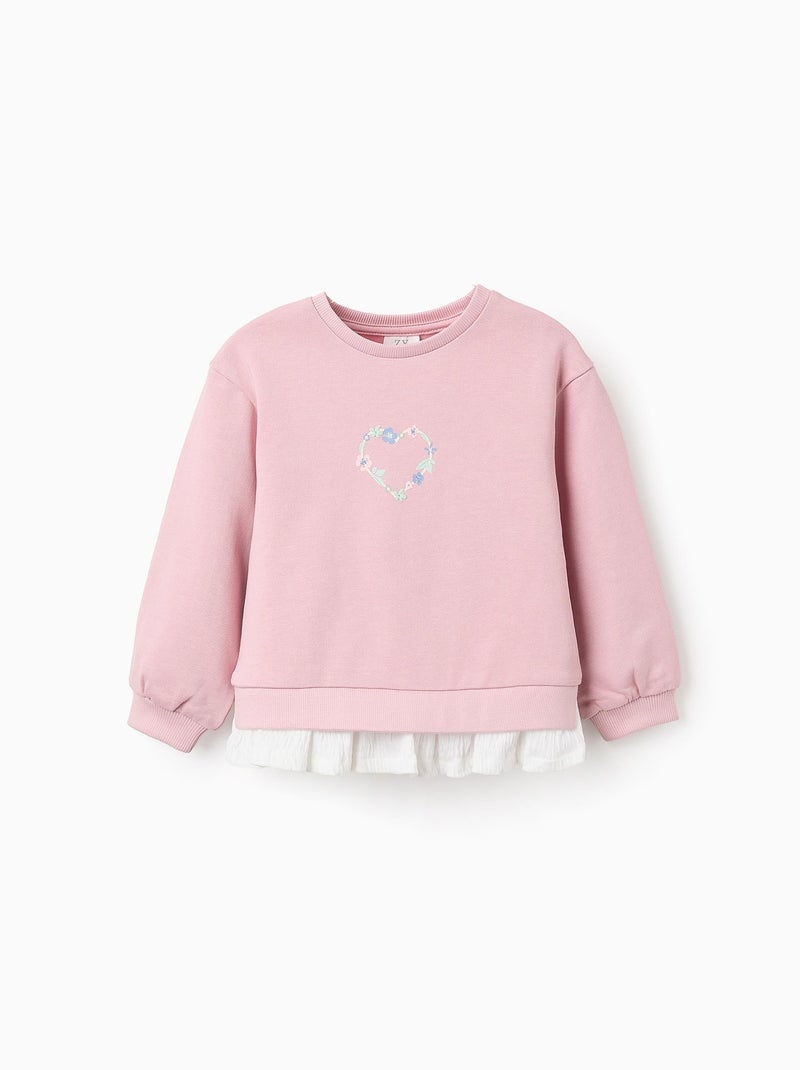 Sweat en Coton avec Volants en Mousseline Rose clair - Kiabi