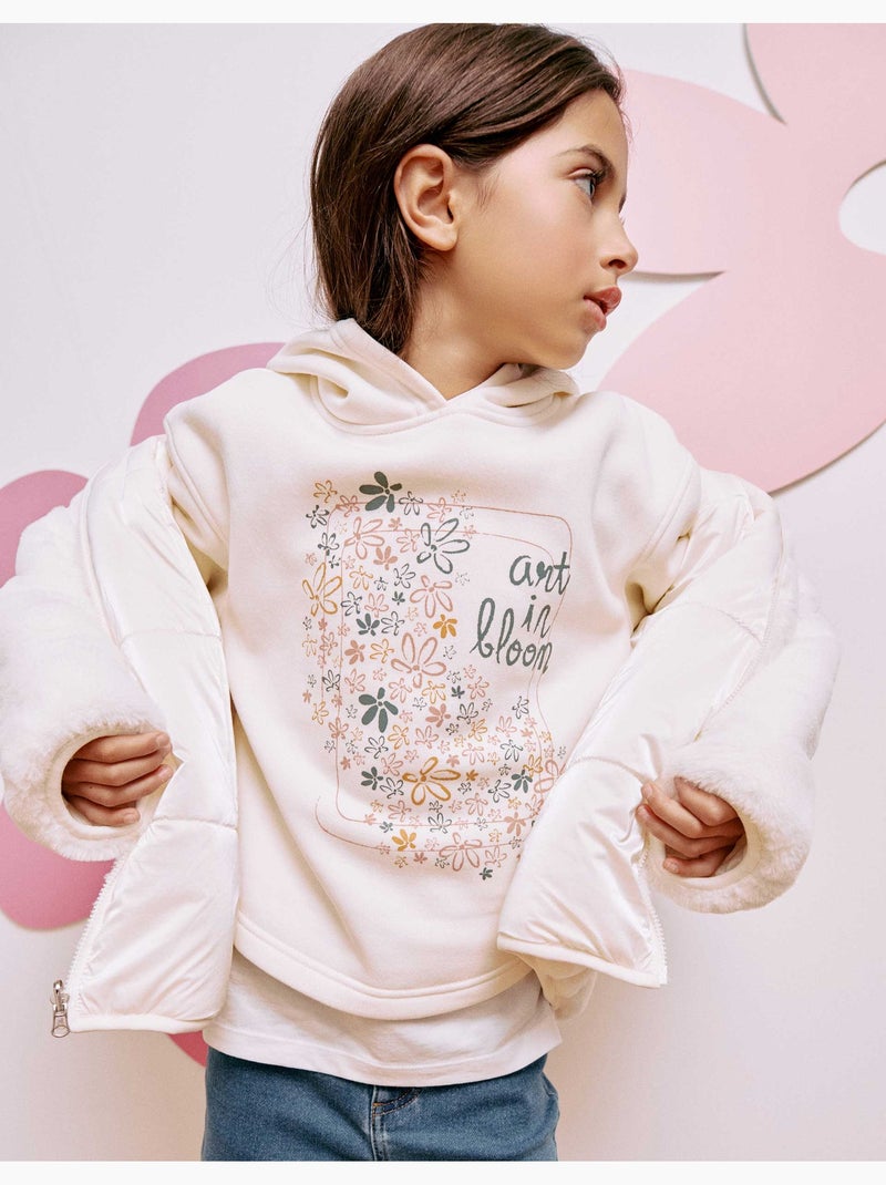 Sweat en coton peigné à capuche et imprimé floral Blanc - Kiabi
