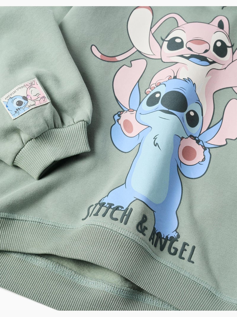 Sweat en coton peigné à capuche et imprimé Stitch & Angel Vert - Kiabi