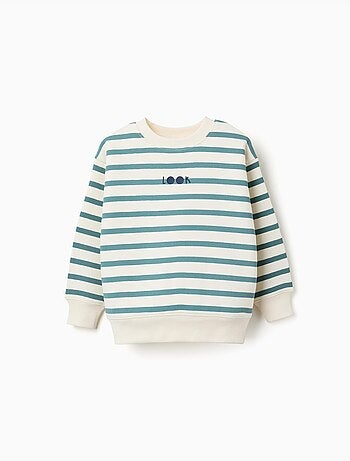 Sweat en coton peigné à rayures et imprimé