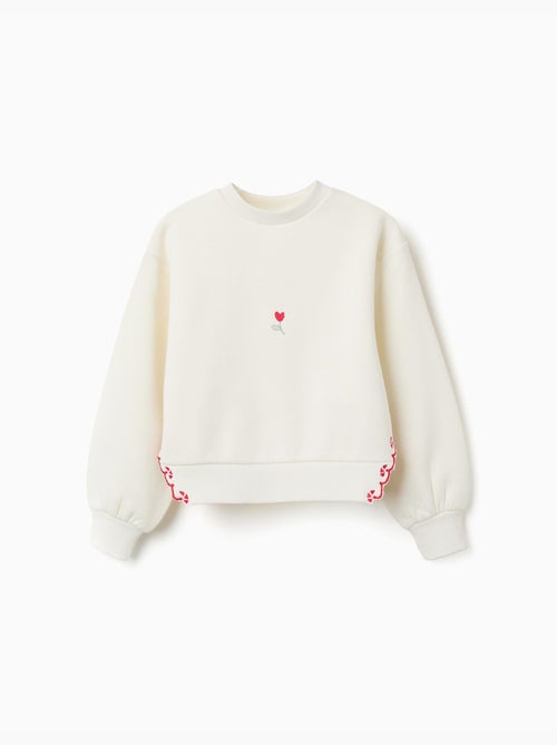 Sweat en coton peigné avec fleur brodée - Kiabi