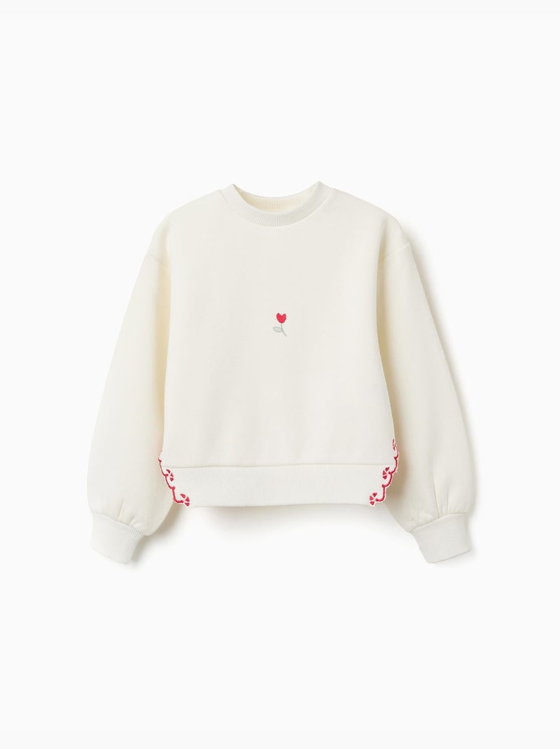 Sweat en coton peigné avec fleur brodée Blanc - Kiabi