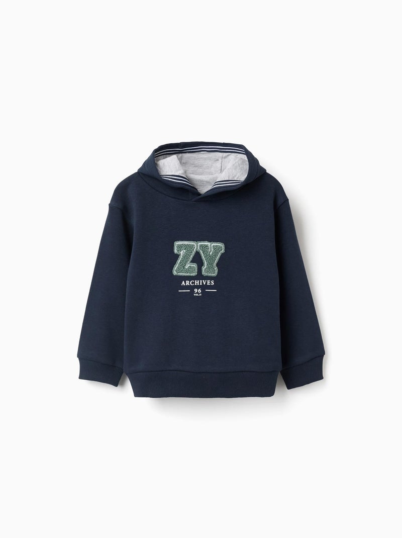 Sweat en coton polyester Peigné avec Capuche et Broderie Bleu foncé - Kiabi