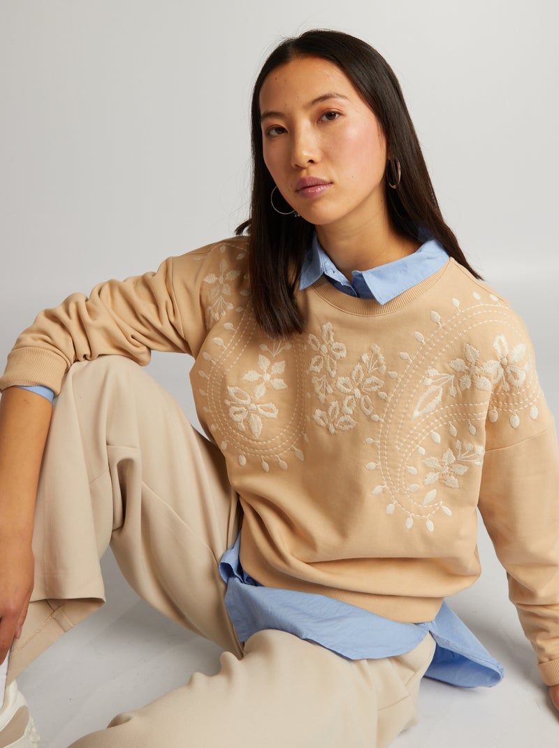Sweat en molleton avec broderie Beige - Kiabi