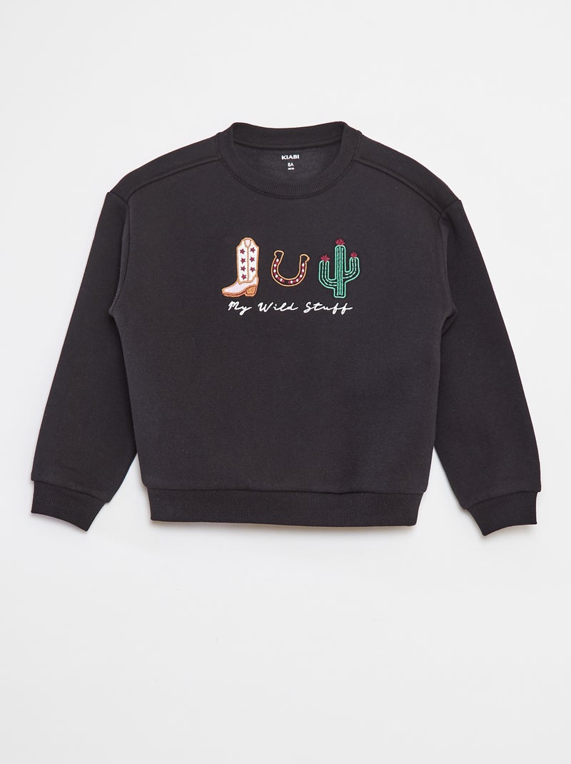 Sweat en molleton avec broderie et franges sur les manches Noir - Kiabi