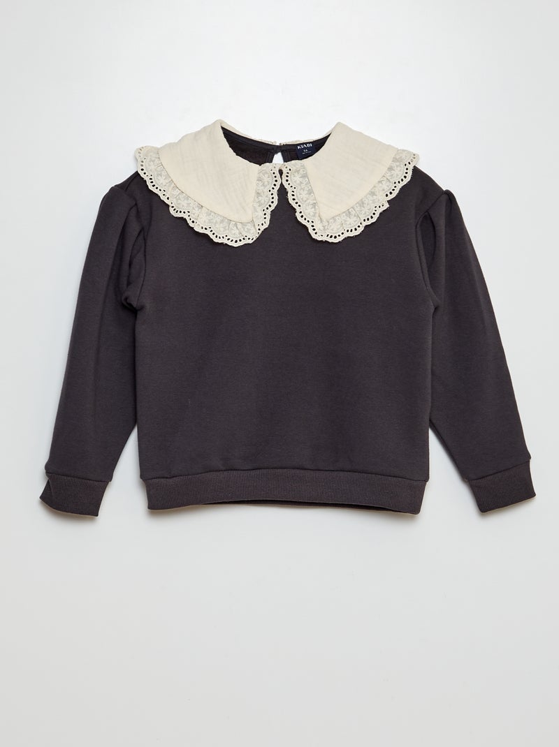 Sweat en molleton avec col en broderies anglaises Noir - Kiabi