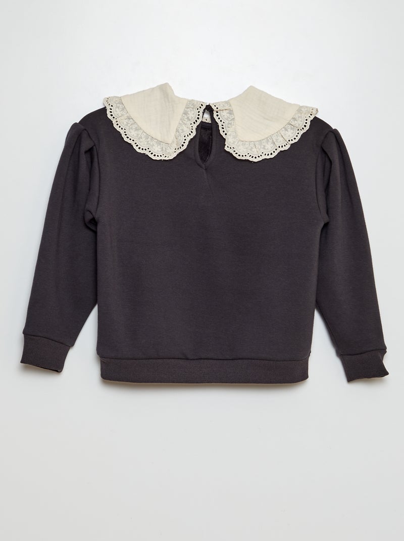 Sweat en molleton avec col en broderies anglaises Noir - Kiabi