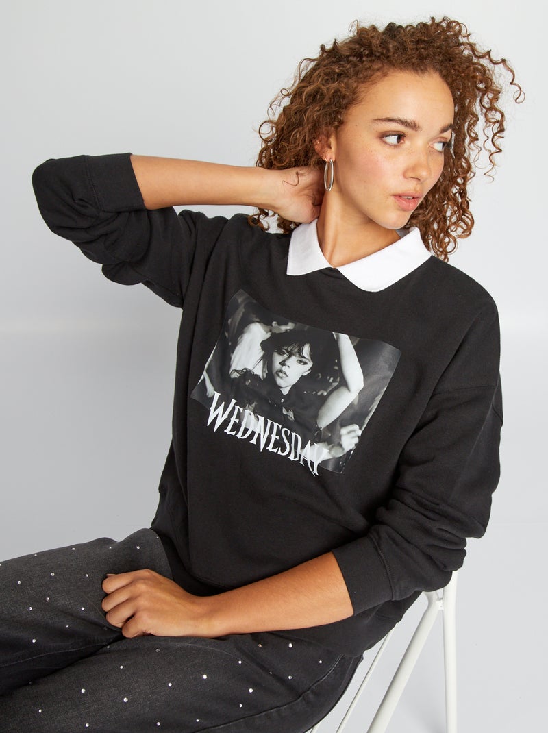 Sweat en molleton avec col polo 'Wednesday' noir - Kiabi