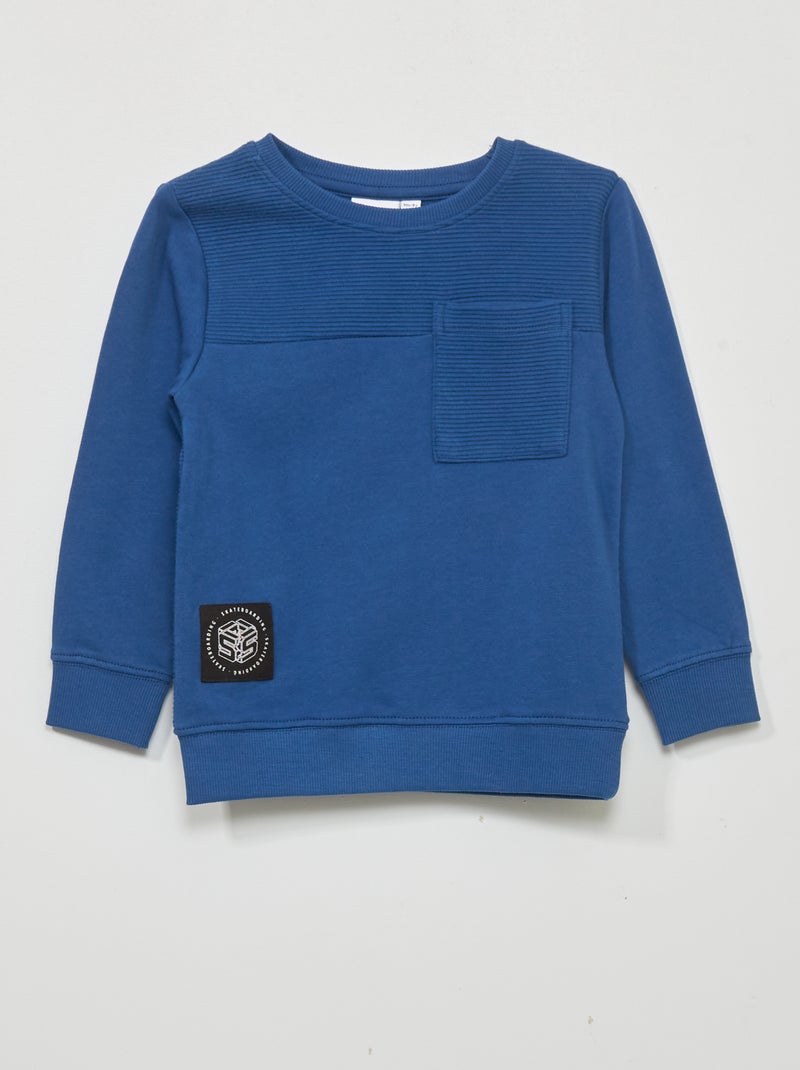 Sweat en molleton avec empiècement côtelé bleu - Kiabi