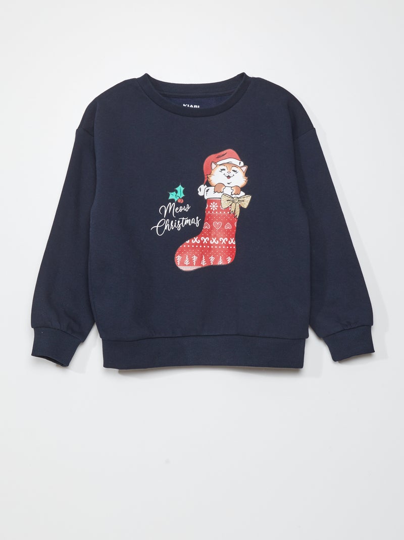 Sweat en molleton 'chat' 'noël' Bleu - Kiabi