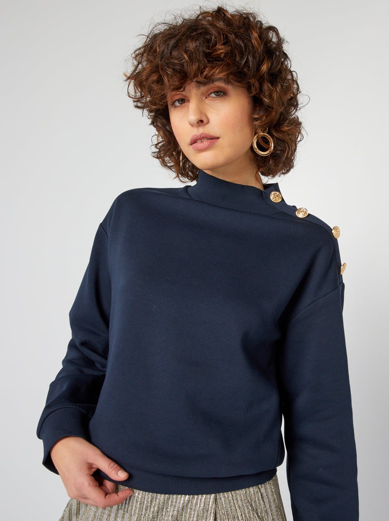 Sweat en molleton col montant et boutons dorés fantaisies Marine - Kiabi