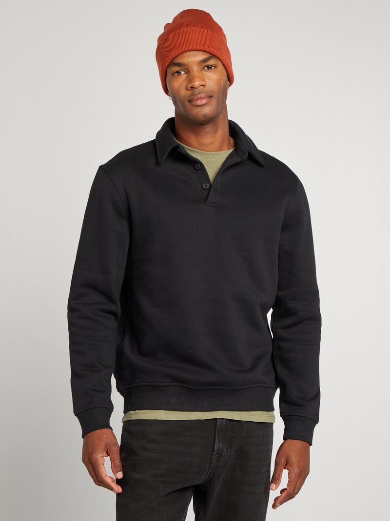 Sweat en molleton col polo noir - Kiabi