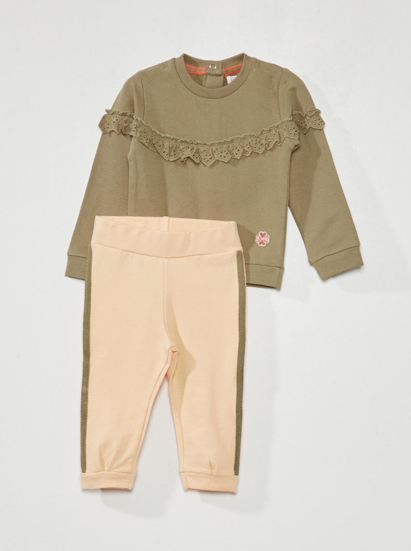 Sweat en molleton + jogging - 2 pièces rose/kaki - Kiabi