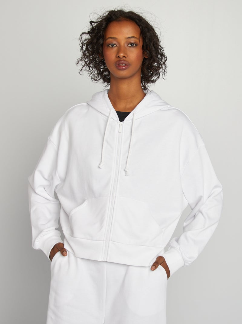 Sweat en molleton uni zippé à capuche blanc - Kiabi
