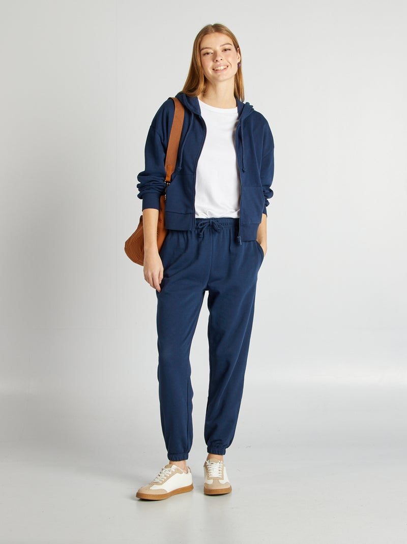 Sweat en molleton uni zippé à capuche Marine - Kiabi