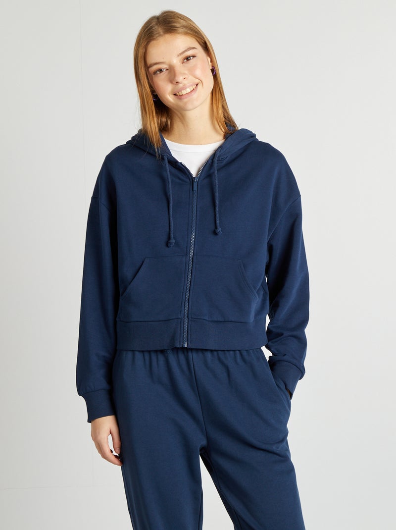 Sweat en molleton uni zippé à capuche Marine - Kiabi