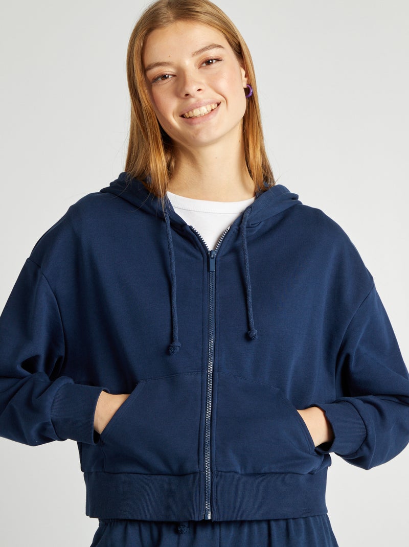 Sweat en molleton uni zippé à capuche Marine - Kiabi