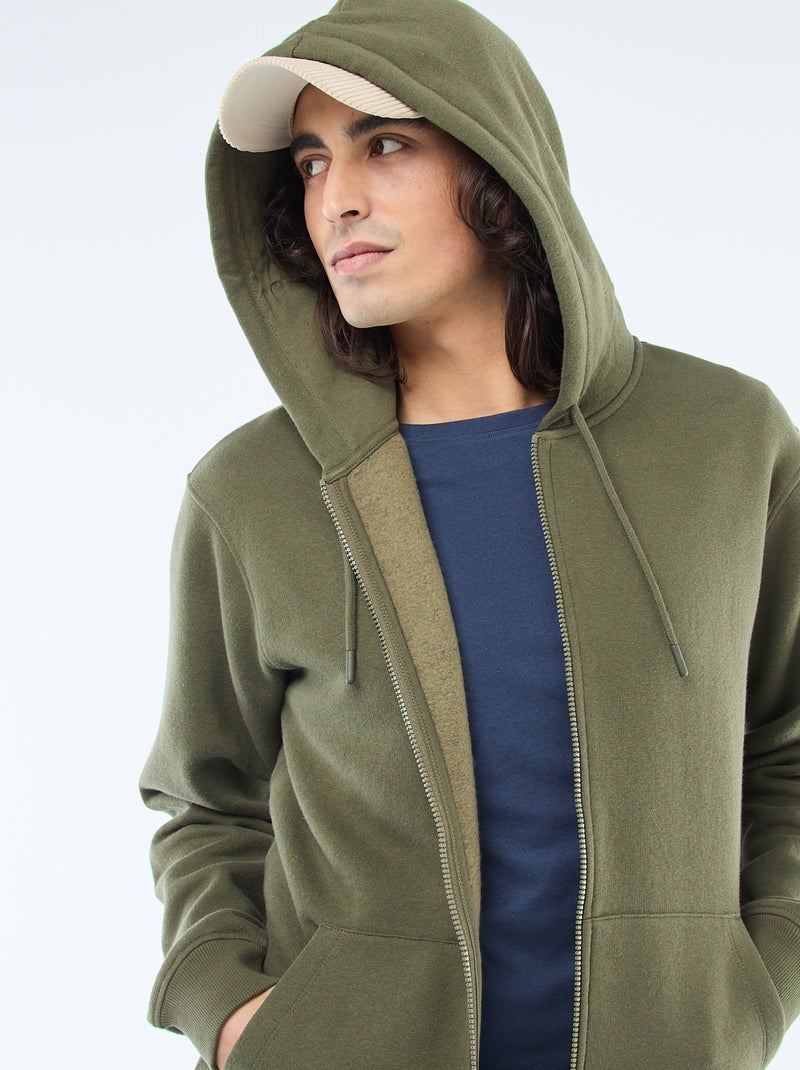 Sweat en molleton zippé à capuche Kaki - Kiabi