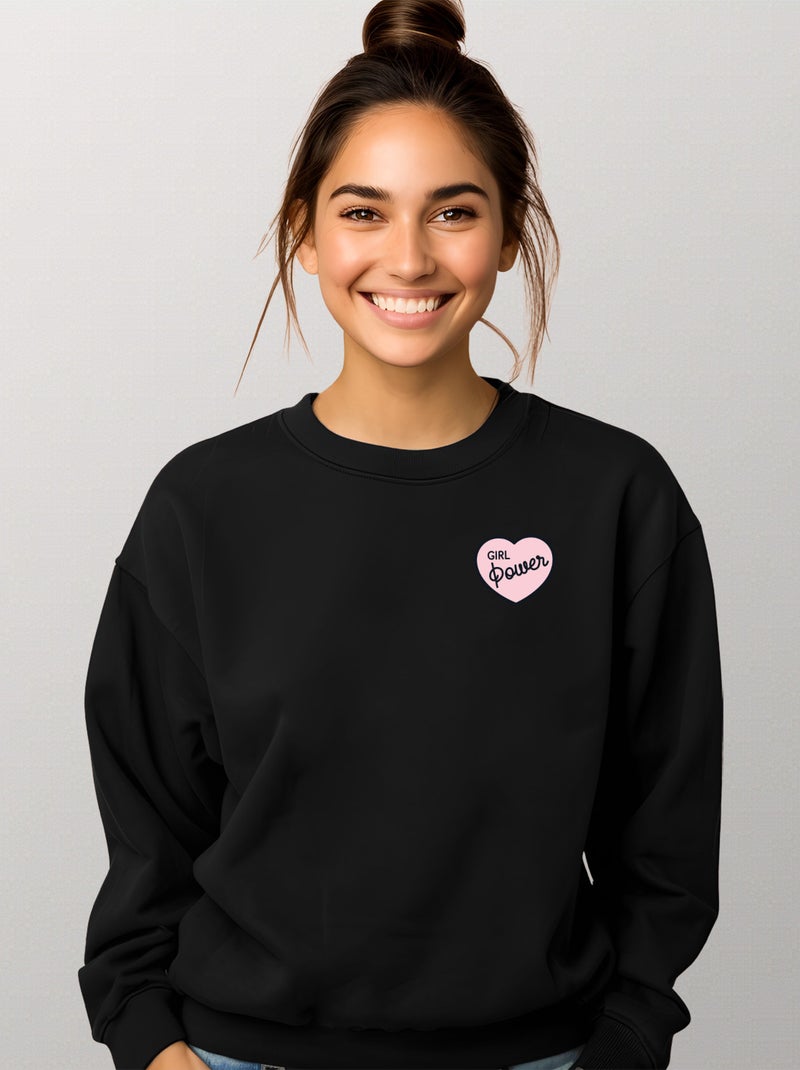 Sweat Femme - GIRL POWER PINK HEART Noir - Kiabi