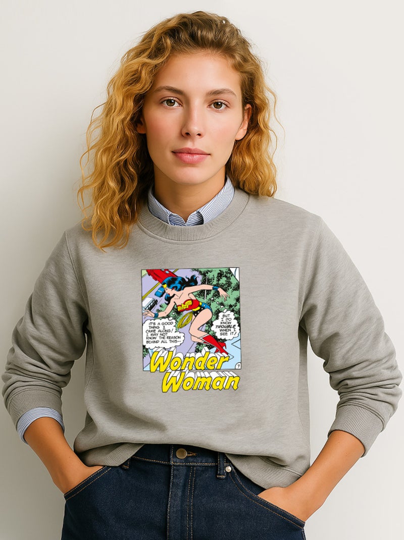 Sweat Femme - WONDER WOMAN I DO KNOW TROUBLE WHEN I SEE IT Gris chiné - Kiabi