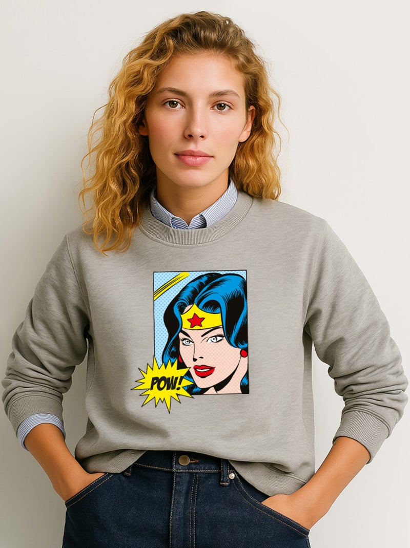 Sweat Femme - WONDER WOMAN POW Gris chiné - Kiabi