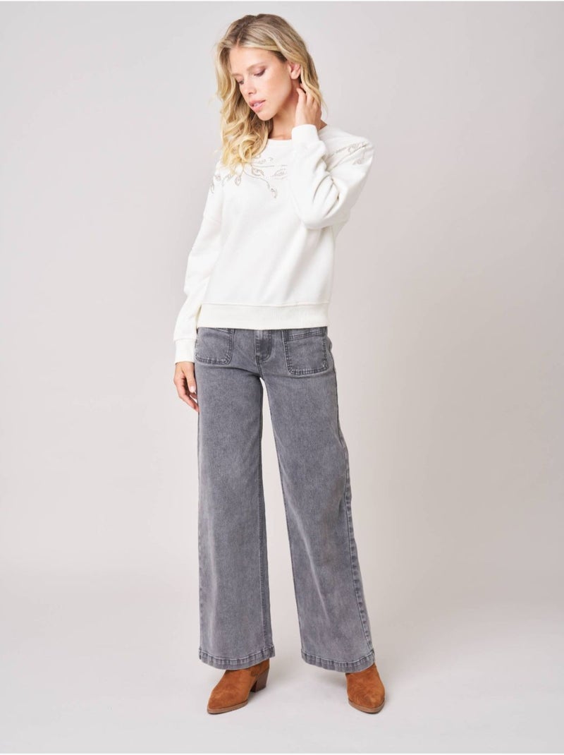 Sweat femme broderie effet feuillage 'deeluxe' Blanc - Kiabi