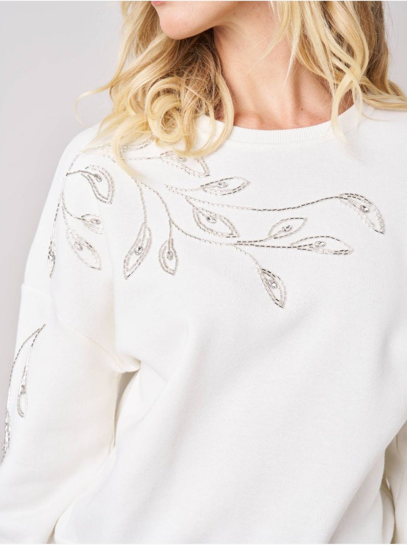 Sweat femme broderie effet feuillage 'deeluxe' Blanc - Kiabi