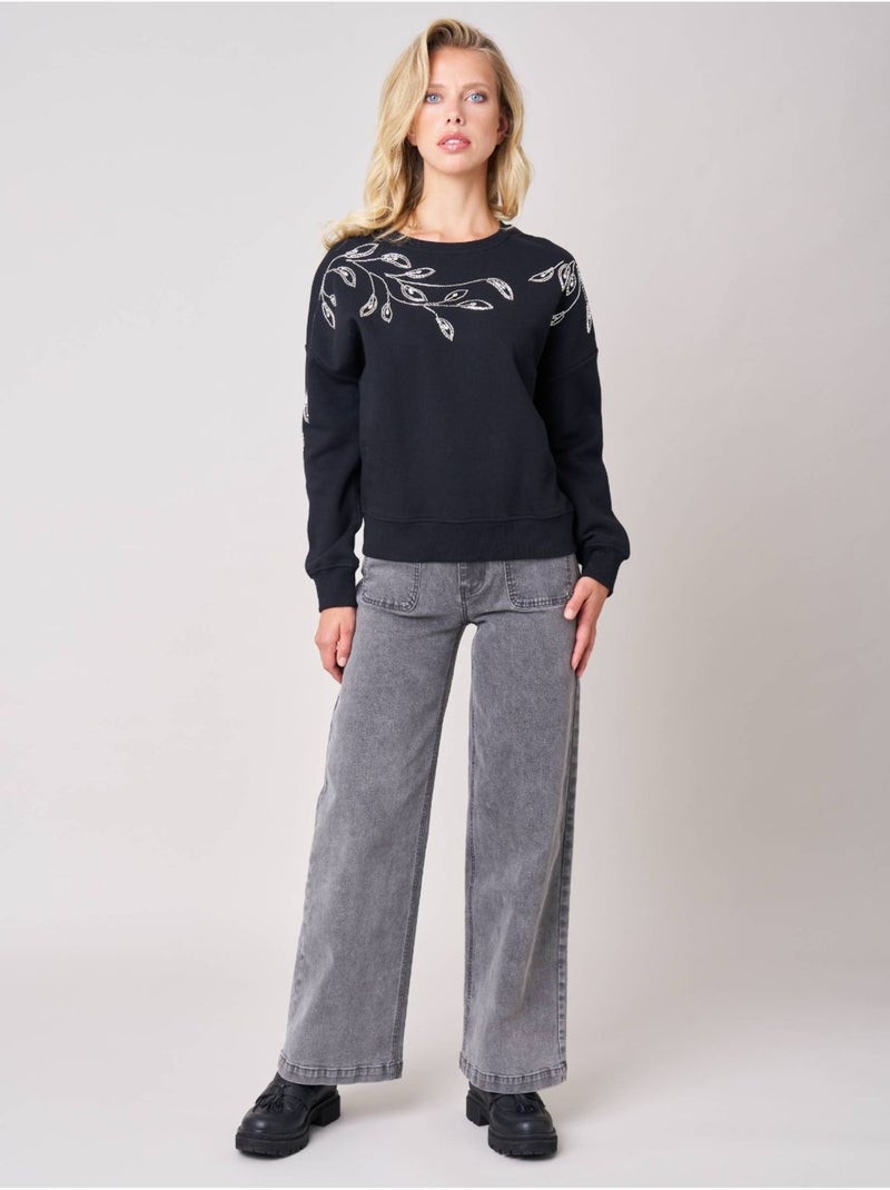 Sweat femme broderie effet feuillage 'deeluxe' Noir - Kiabi
