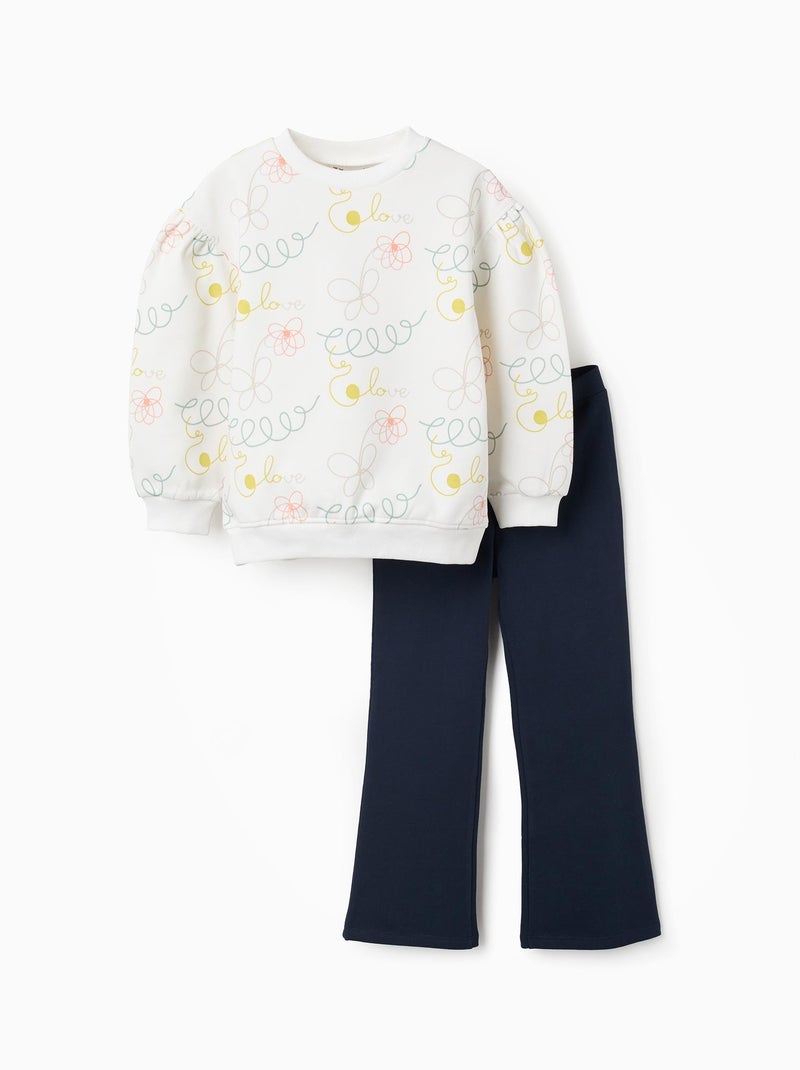Sweat Floral + Jegging Flared en coton polyester peigné Blanc - Kiabi