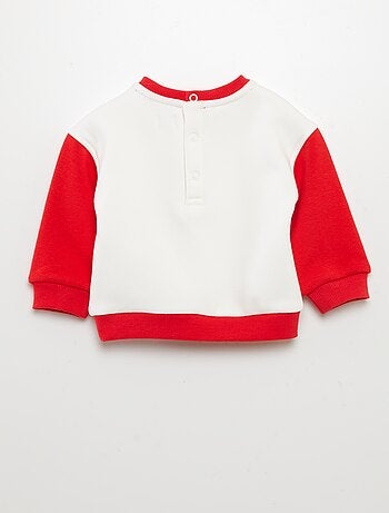 Sweat-shirt Bébé En Molleton Doux - Marque Petit Béguin - Design Félintrépide Bleu Et écru - Manches Contrastées - Label Oeko-Tex
