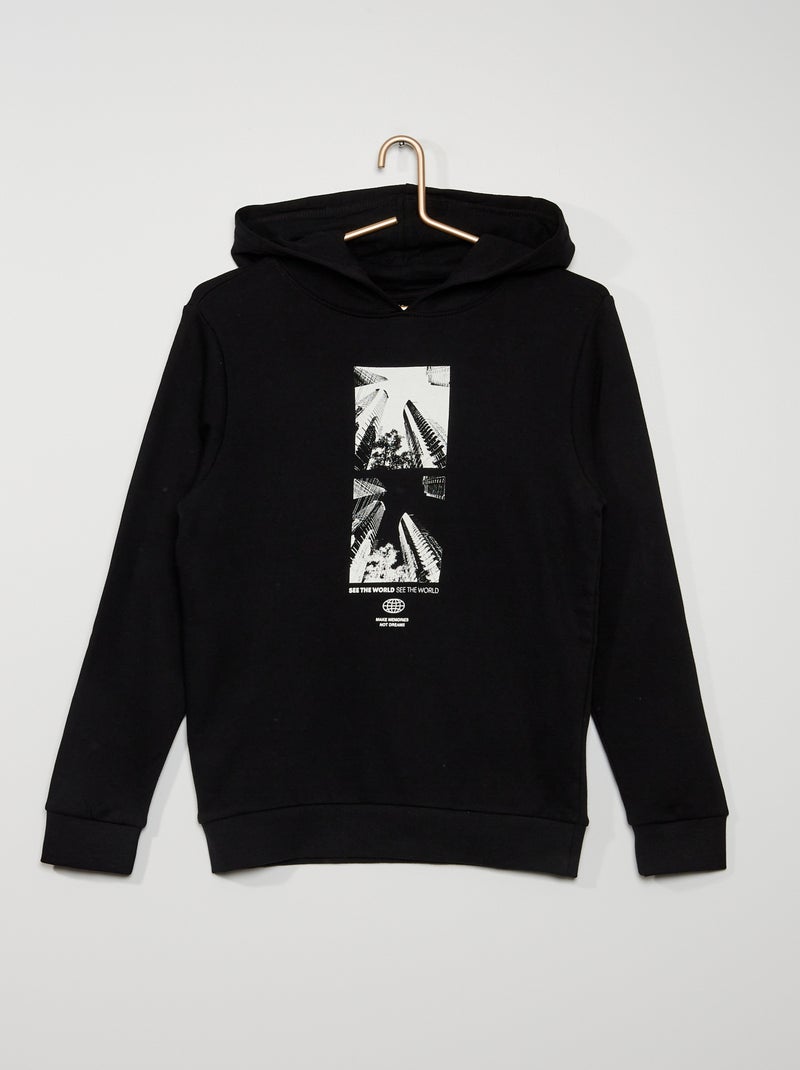 Sweat imprimé à capuche noir /world - Kiabi