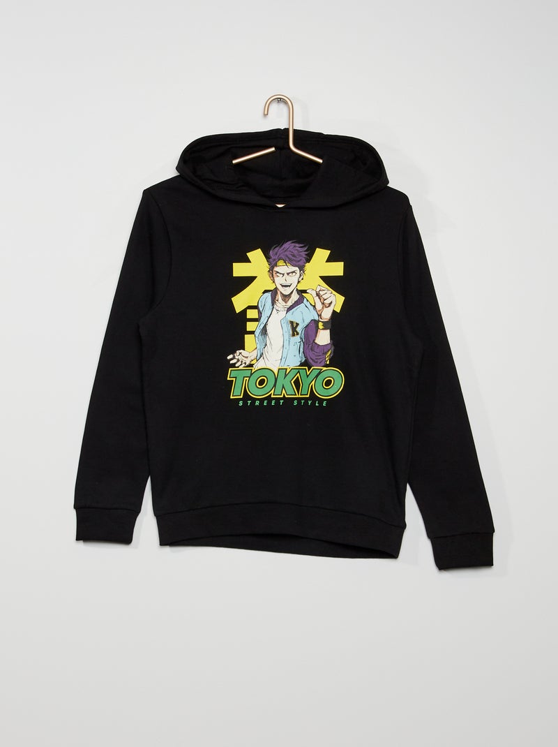 Sweat imprimé à capuche noir - Kiabi