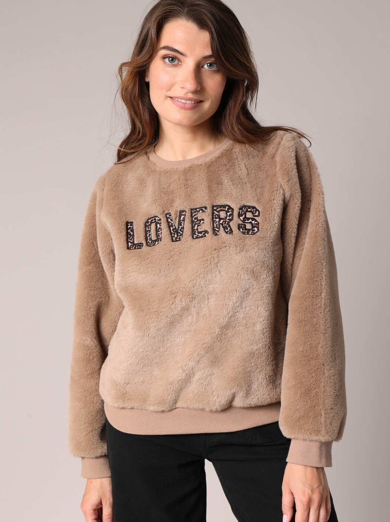 Sweat inscription LOVERS en relief imprimé léopard
 'Deeluxe' Beige - Kiabi