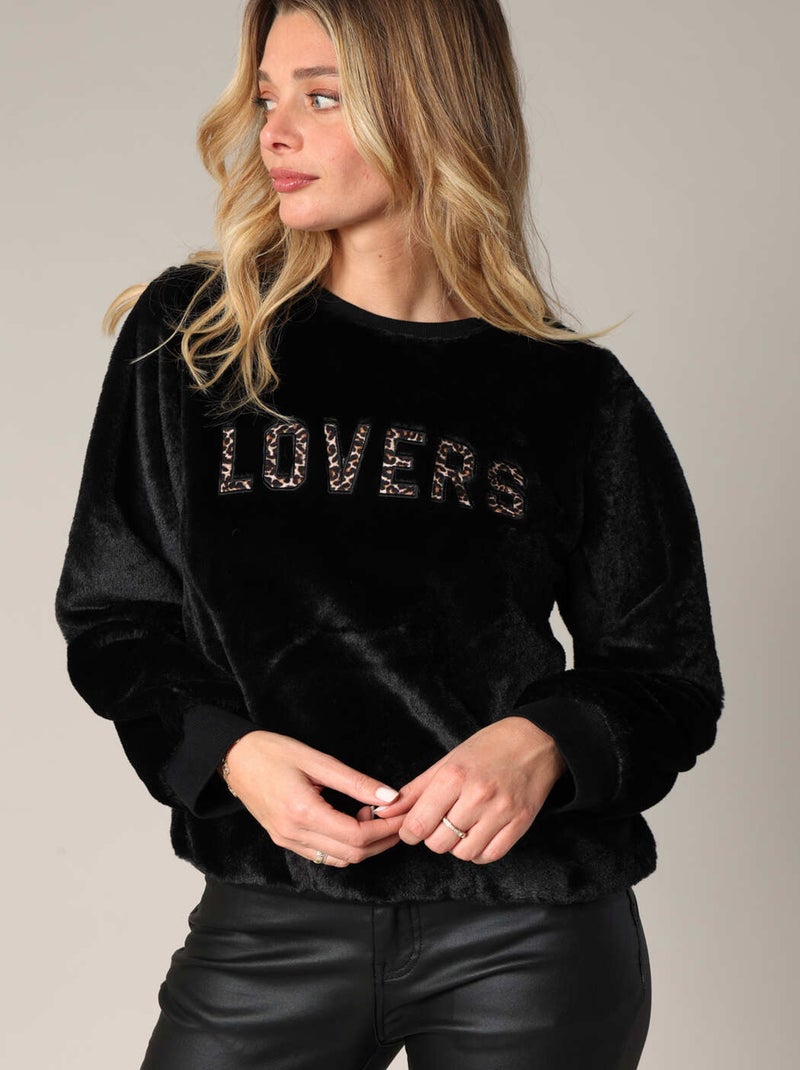 Sweat inscription LOVERS en relief imprimé léopard
 'Deeluxe' Noir - Kiabi