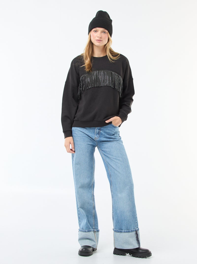 Sweat 'JDY' en molleton chaud avec franges à strass Noir - Kiabi