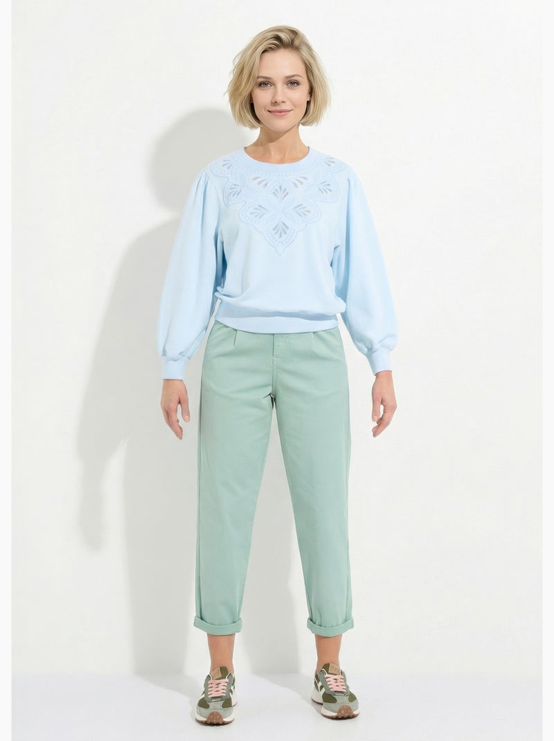 Sweat molleton pur coton brodé ajouré - Afibel Ciel - Kiabi