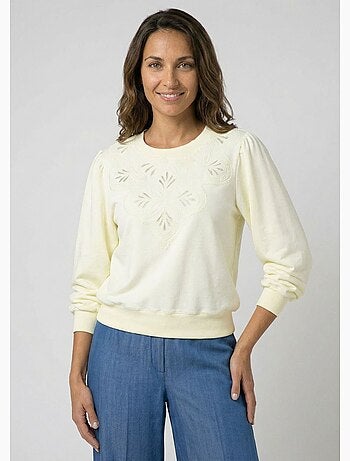 Sweat molleton pur coton brodé ajouré - Afibel