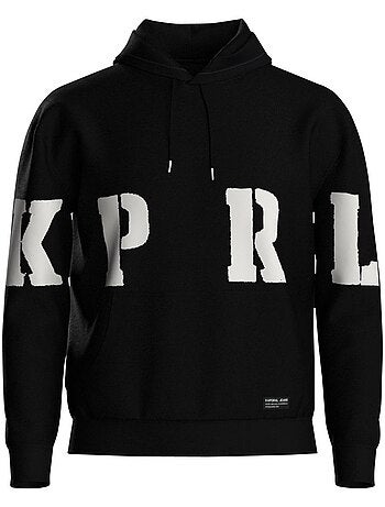 Sweat noir imprimé avec une coupe droite et à capuche ajustable